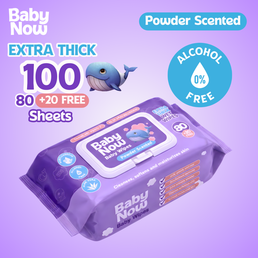 Baby Now Baby Wipes Powder Scent 100 Sheets Alcohol Free, Extra Thick and Soft