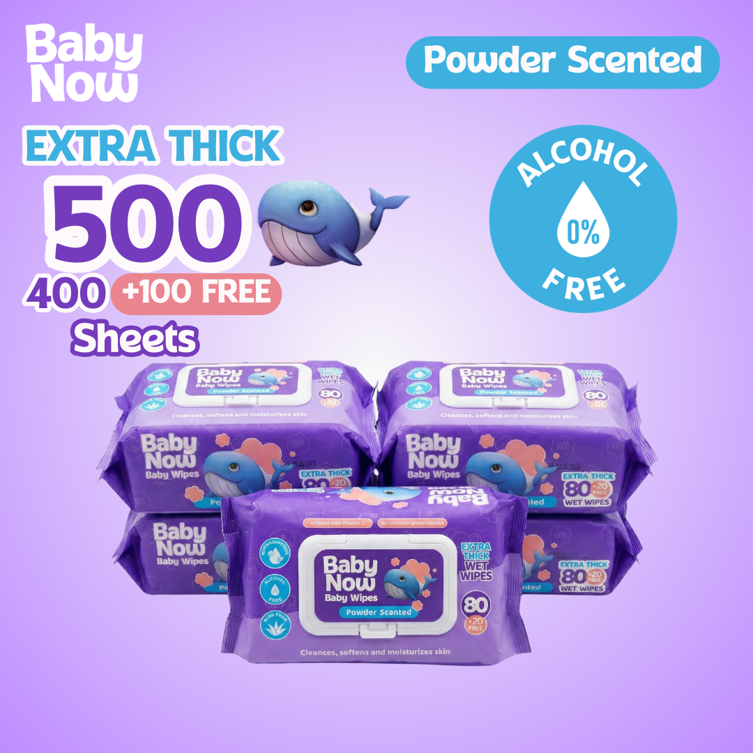 Baby Now Baby Wipes Powder Scent 100 Sheets Alcohol Free, Extra Thick and Soft
