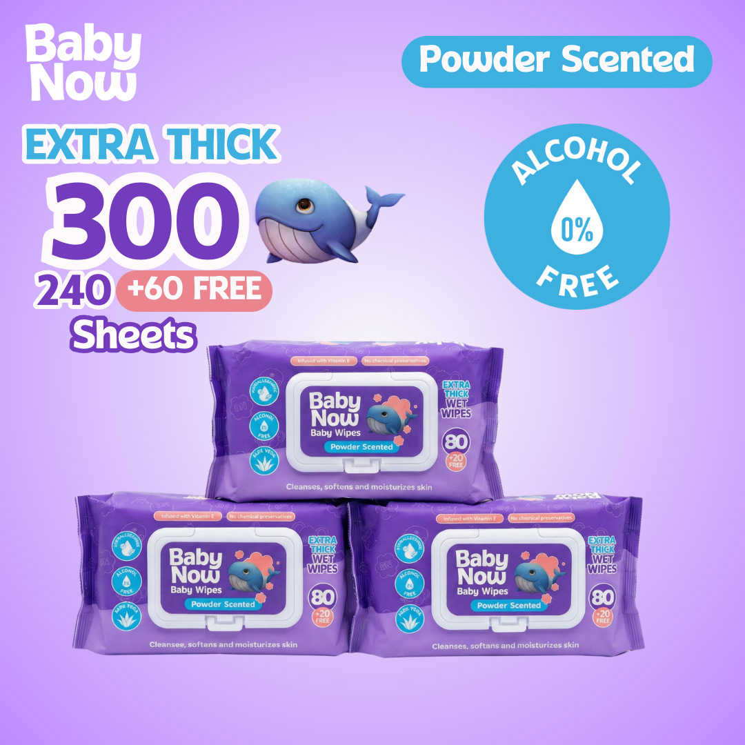 Baby Now Baby Wipes Powder Scent 100 Sheets Alcohol Free, Extra Thick and Soft