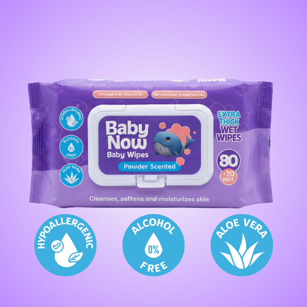 Baby Now Baby Wipes Powder Scent 100 Sheets Alcohol Free, Extra Thick and Soft