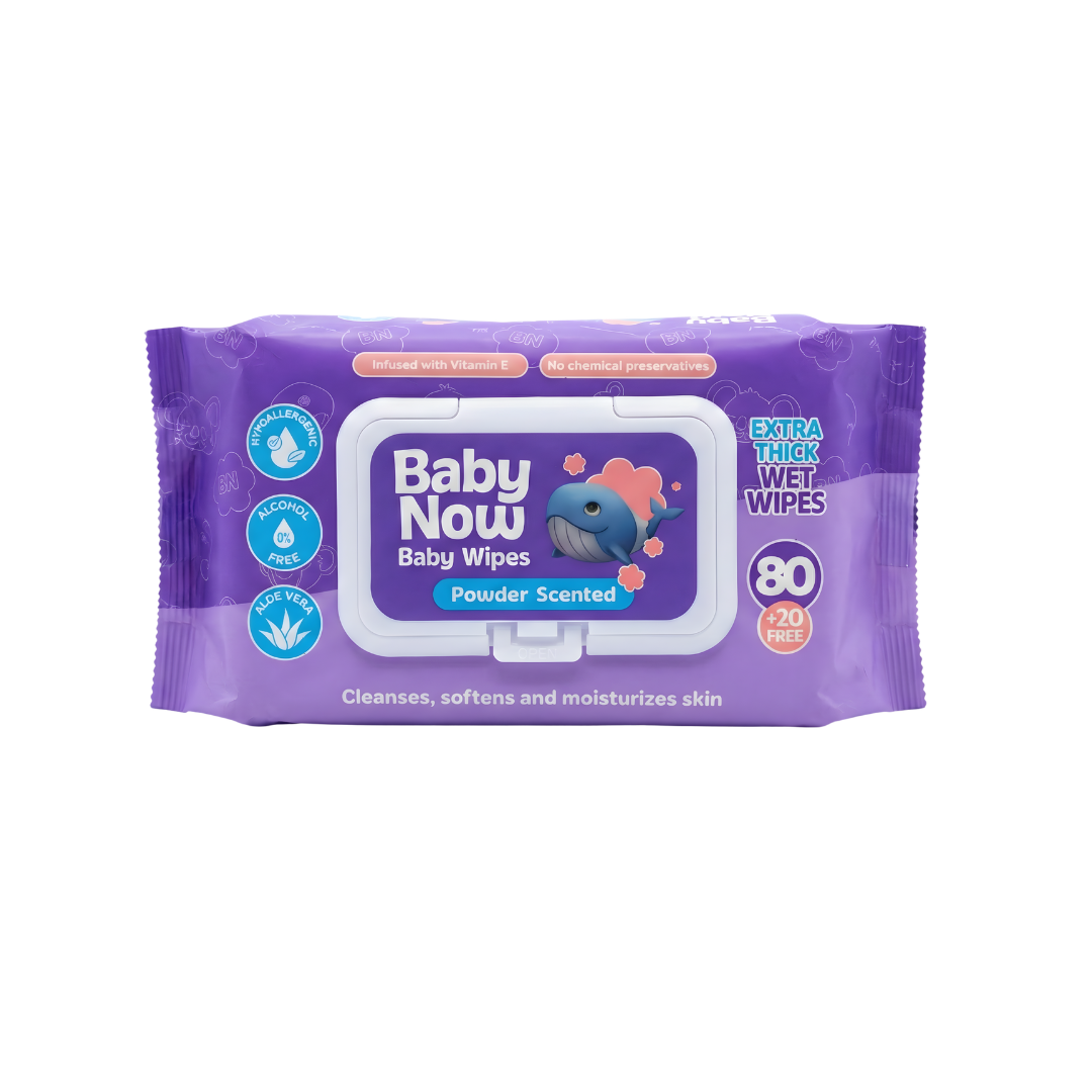 Baby Now Baby Wipes Powder Scent 100 Sheets Alcohol Free, Extra Thick and Soft